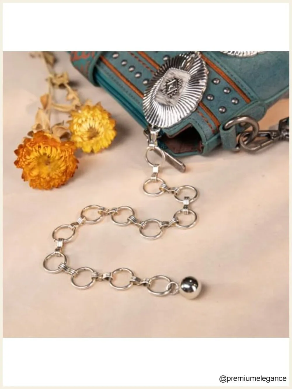 Western Concho Metal Belt with Real Horsehair and Turquoise - Adjustable Chain